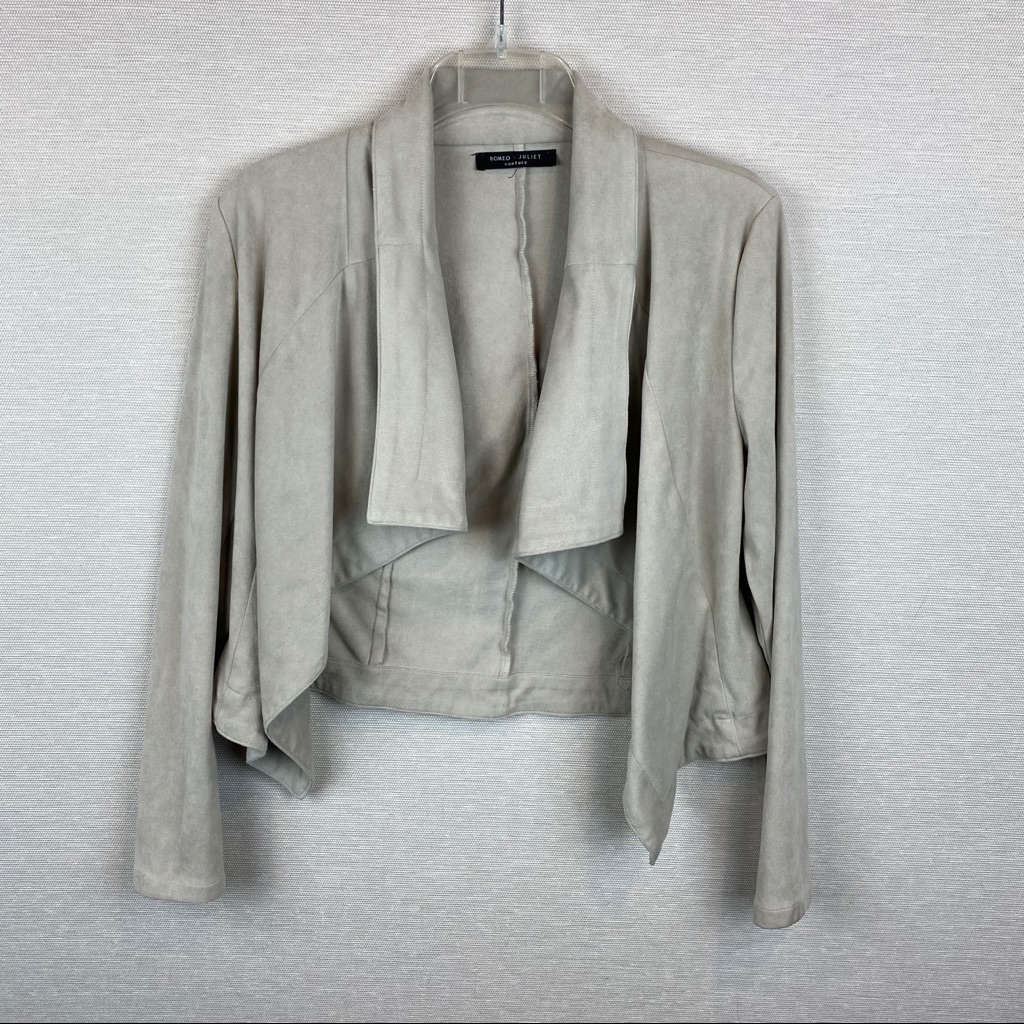 Romeo + Juliet Faux Suede Open Jacket Tan Beige Sz M Soft Drape Euc